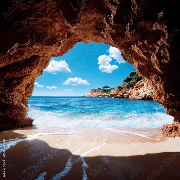 Obraz Stunning Ocean View from a Sea Cave Turquoise Waters and Sandy Beach