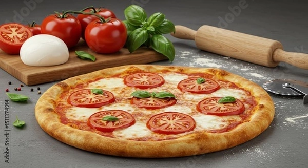Fototapeta Tomato Pizza with Basil and Mozzarella