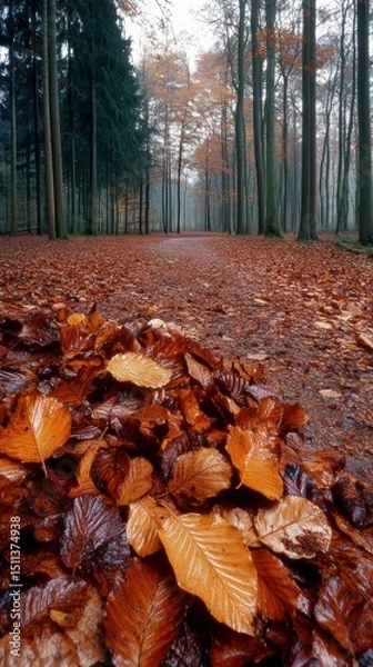 Obraz Autumn Forest Path  A Misty Morning Walk Through Vibrant Fall Colors