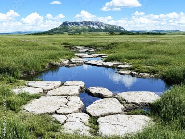 Obraz Serene Landscape Grassland Stream and Mountain Vista