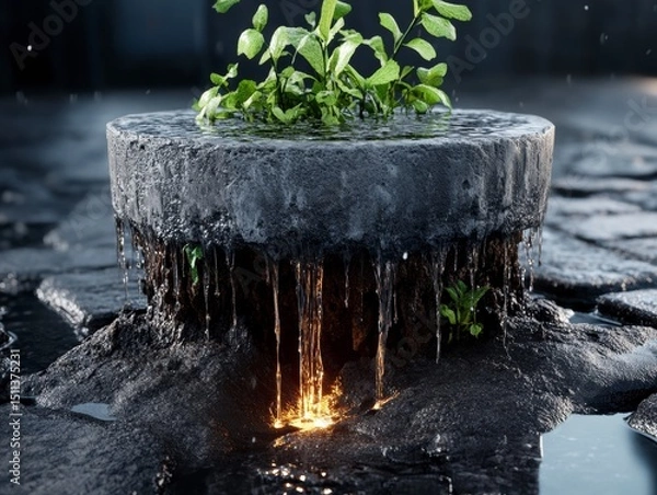 Obraz Stone Fountain with Cascading Water and Emerging Plants A Digital Art Piece