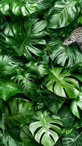 Obraz Lush Green Tropical Foliage with Camouflaged Leopard Photo