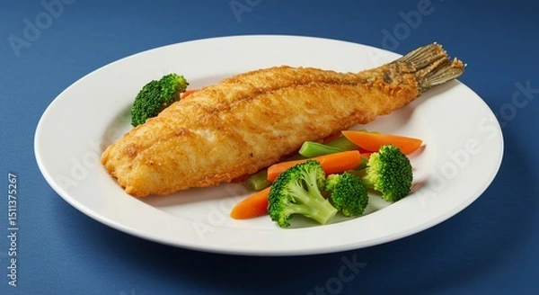 Fototapeta Fried Fish with Broccoli and Carrot on Plate