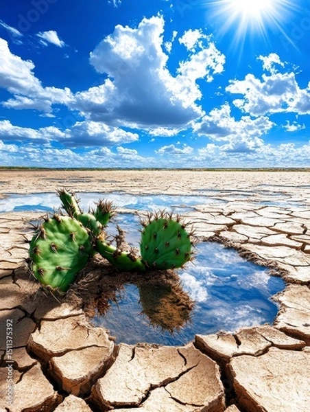 Obraz Resilient Cactus in Arid Landscape Thriving Amidst Drought and Cracking Earth
