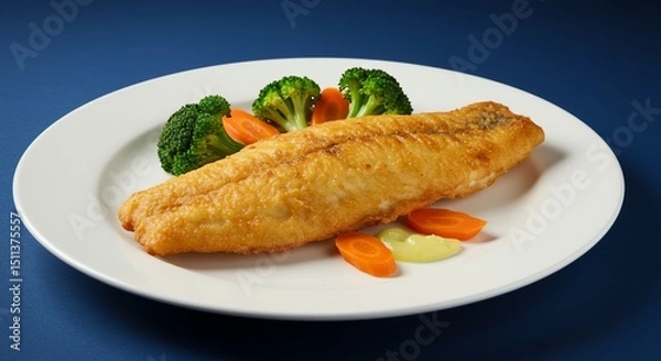 Fototapeta Fried Fish Fillet with Broccoli and Carrot