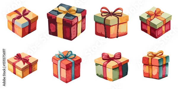 Fototapeta Gift box with multiple vector illustrations, watercolor style