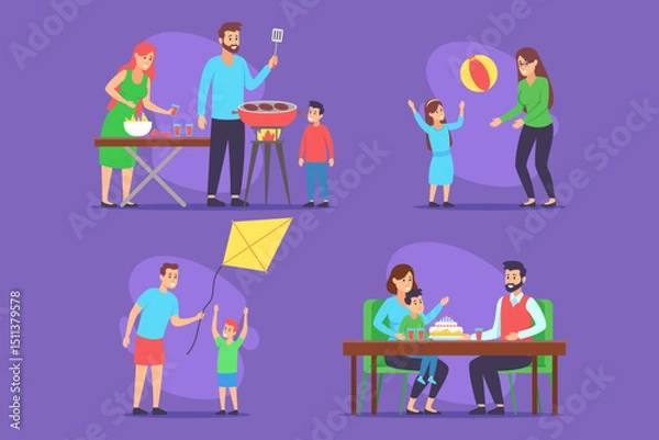 Obraz Lively family collection of people preparing food, playing games, flying kite, and celebrating birthday. Different activities with joyful interactions and love among family members