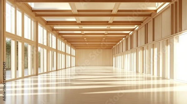 Fototapeta Light-Filled Interior Wood Structure with Window Walls, minimalist ,architecture