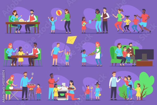 Obraz Vibrant family collection of children and adults engaging in various playful activities. From cooking and jogging to flying kites and enjoying meals together