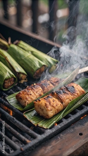 Obraz Juicy Otak Otak Fresh Off the Grill Steaming on Banana Leaf with Dark Char Spots