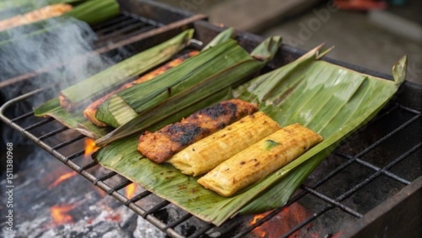 Obraz Sizzling Otak Otak Bakar Wrapped in Banana Leaf Smoke Rising from Grill Marks