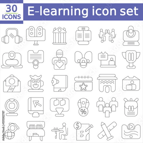 Obraz E-learning icon set with editable stroke. Online education thin line icon collection. Vector illustration
