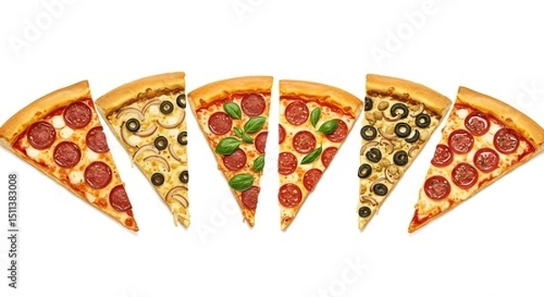 Fototapeta Pizza Slices with Pepperoni, Onion, Basil, and Mushroom