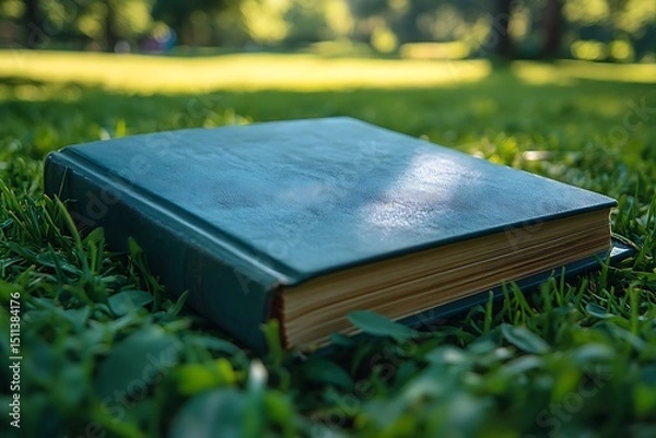 Fototapeta Green book mockup resting on lush grass with soft natural light

