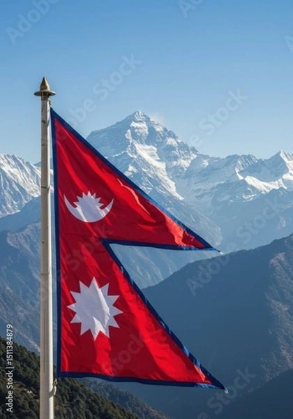 Fototapeta Waving Unique Nepali Flag Symbolizing Himalayas Against the Majestic Peaks of Mount Everest Range