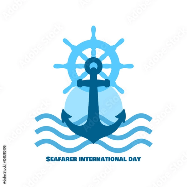 Obraz International Day of the Seafarer to celebrate on June 25th. An anchor with a sailing ship wheel and water waves on white background.