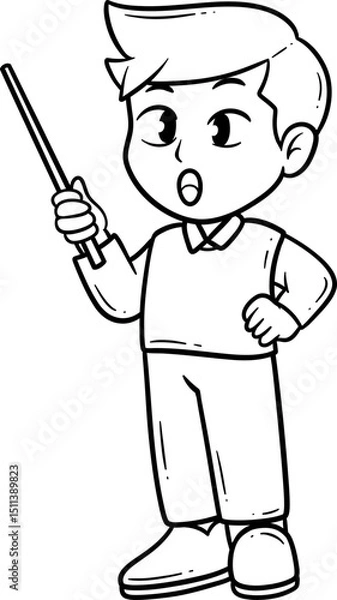 Fototapeta Boy Presenting with Pointer Cartoon Outline