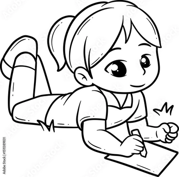 Fototapeta Child Drawing on Paper Cartoon Outline