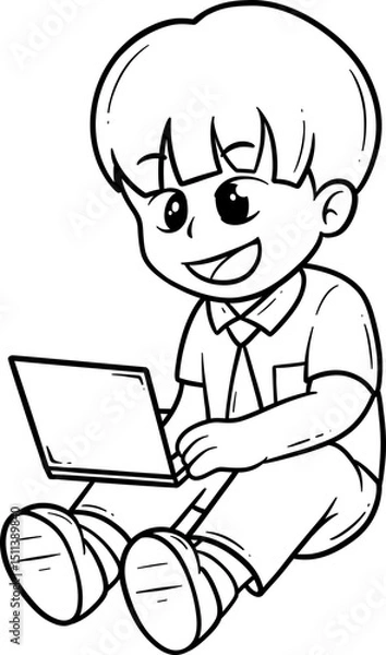 Fototapeta Child Using Laptop Cartoon Outline