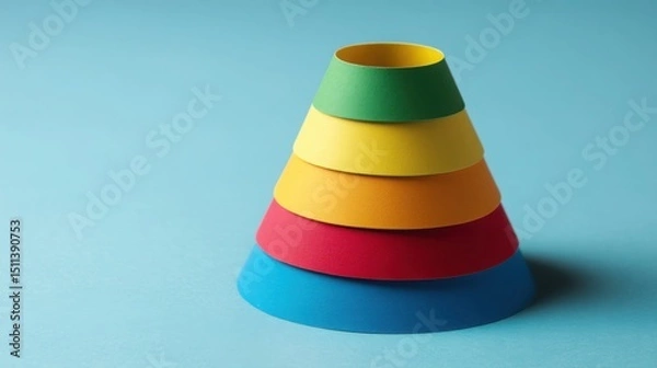 Obraz Stack of colorful paper cones demonstrating sales funnel icon concept representing customer journey and engagement