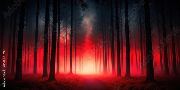 Obraz Mysterious forest at dusk with a dark black background and a red gradient mystical darkness mysterious background