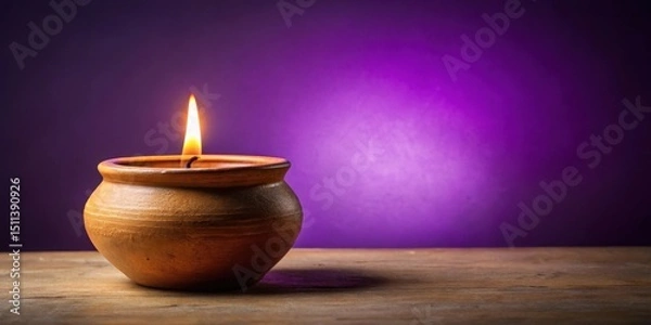Obraz Serene ambiance with candle in earthen pot on purple background