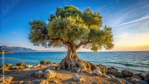 Obraz Ancient Olive Tree Grows on Rocky Beach
