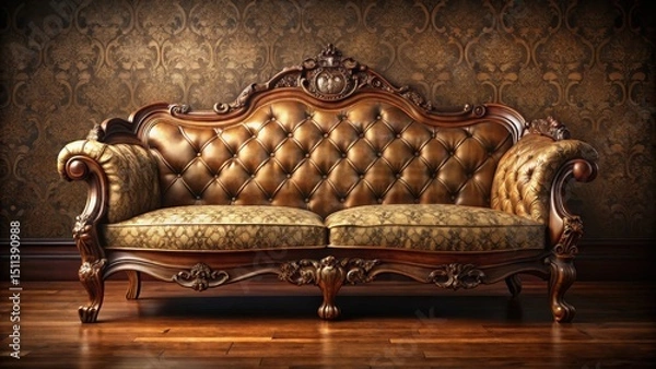 Obraz A luxurious antique sofa sits elegantly in a dimly lit dark wood room with rich ornate details and warm golden tones