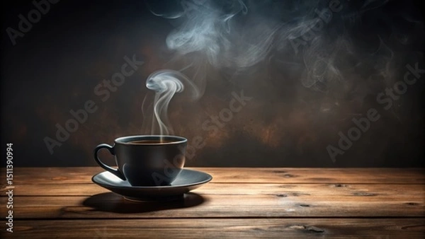Obraz A steaming cup of dark liquid on a minimalist wooden table with subtle lighting