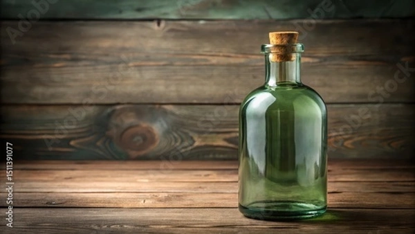 Obraz Muted green glass bottle with a stopper filled with thick liquid and sitting on a wooden table