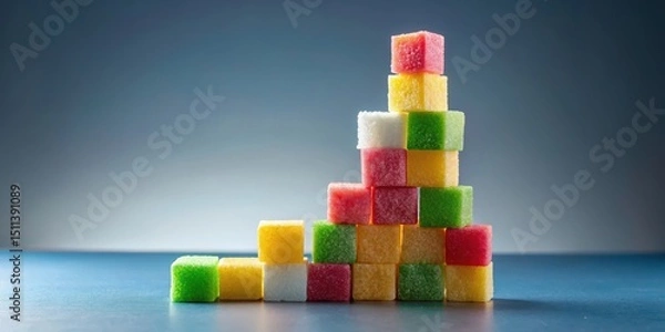 Obraz Sugar cubes stacked into a colorful geometric tower with a central supporting cube on a flat surface