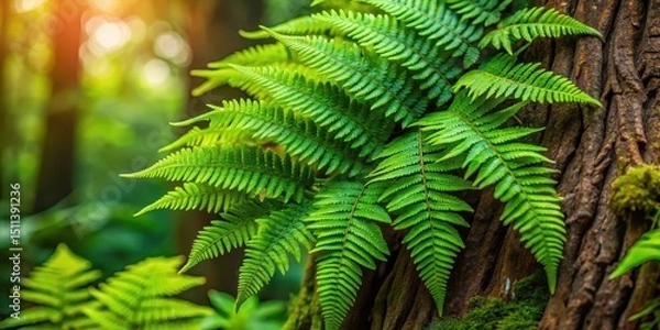 Obraz Dense cluster of lush green fern fronds growing on a tree trunk
