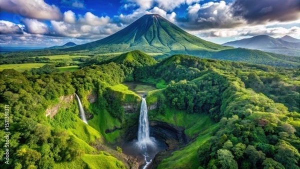 Obraz Aerial view of Santa Lucia volcano with lush green vegetation and waterfalls in the background