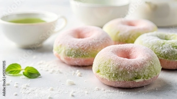 Obraz Soft pink mochi donuts with green tea powder dusting on a white background