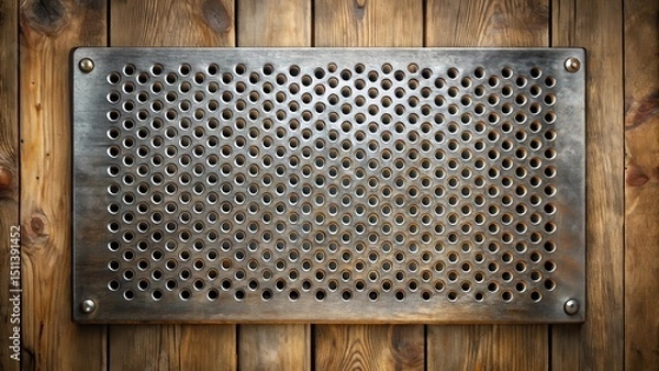 Obraz A perforated metal grid with evenly spaced holes in a wooden background for rustic decorative purposes