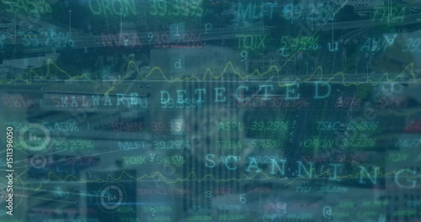 Obraz Image of stock market and network of connections over cityscape