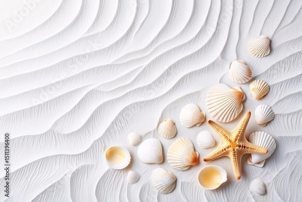 Fototapeta White Textured Sand with Seashells and Starfish. Minimalist Beach Background for Summer, Vacation, and Coastal Design Concepts.