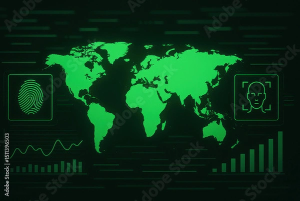 Obraz Digital world map illustration, glowing green continents on dark background, ideal for data analysis or global strategy themes.