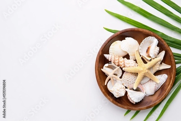 Fototapeta Summer Beach Decor Elements. Assortment of Shells and Starfish with Green Leaf, Perfect for Creative Projects and Backgrounds.