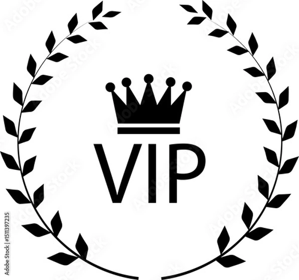Obraz VIP icon in black flat style. Symbol of exclusivity. Vip vector with crown and laurel wreath. Luxury premium badge. Very important person sign illustration. Decoration element for your website design.