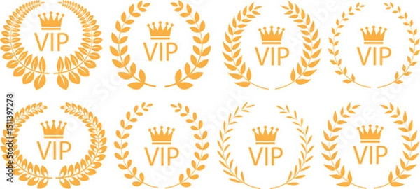 Obraz VIP icons set yellow flat style. Symbol of exclusivity. Vip vectors with crown and laurel wreath. Luxury premium badge. Very important person sign illustration. Decoration elements for website design.