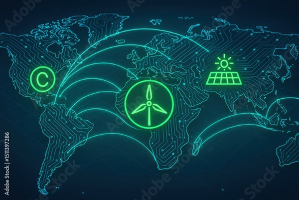Obraz Global connectivity theme, digital world map with green symbols for peace and unity, ideal for discussions on sustainability.