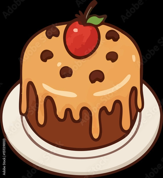 Fototapeta Cartoon Pudding Cake with Apple and Chocolate Chips on Plate