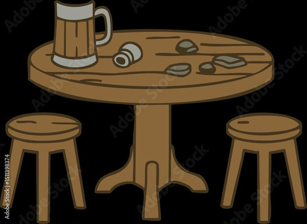 Fototapeta Cartoon Tavern Table with Beer Mug, Dice, and Stools
