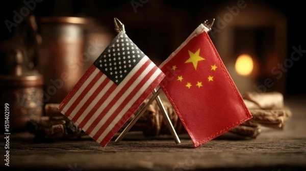 Obraz Two national flags illustrating usa china export market growth potential for international trade strategies
