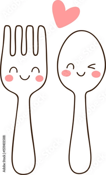 Fototapeta Cute fork and spoon characters with smiling faces and heart above them, perfect for kitchen