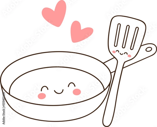 Fototapeta Cute frying pan with smiling face and spatula, surrounded by hearts, expressing joy in cooking
