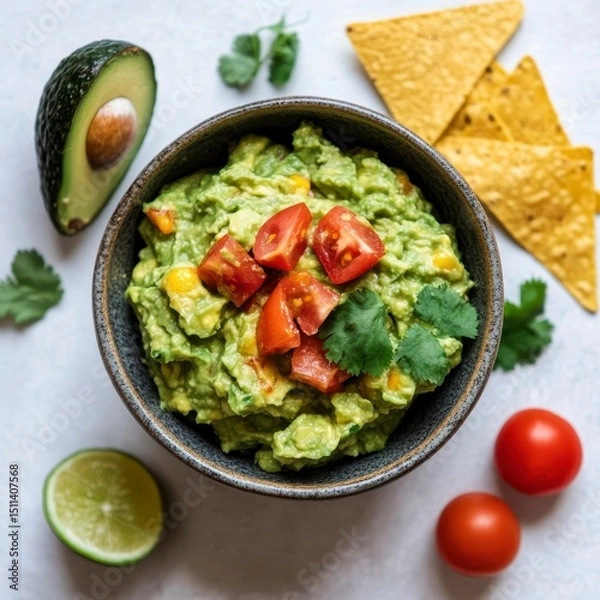 Fototapeta Overhead View of Fresh Guacamole with Tortilla Chips and Tomatoes