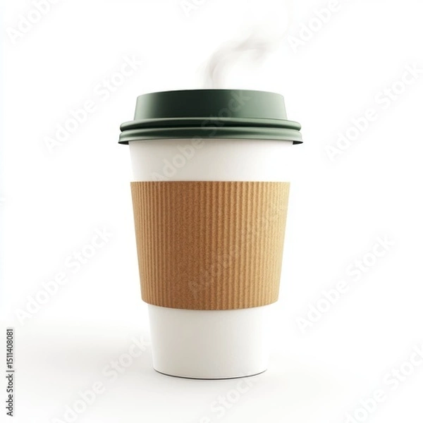 Fototapeta A Steaming Cup of Coffee in a White Paper Cup with a Brown Cardboard Sleeve and Green Lid Against a White Background