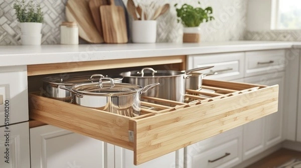 Obraz Pull-out rack with nested cookware and adjustable dividers